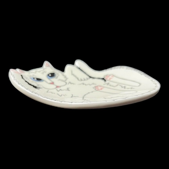 Cats by Nina Lyman White Blue Eyes Cat Kitty Trinket Tray Soap Dish Spoon Rest - Picture 2 of 6